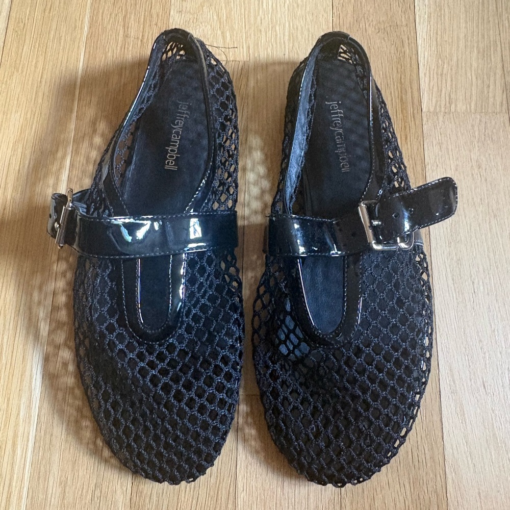 Jeffrey Campbell Black Mesh Mary Jane Clogs with Patent Strap
